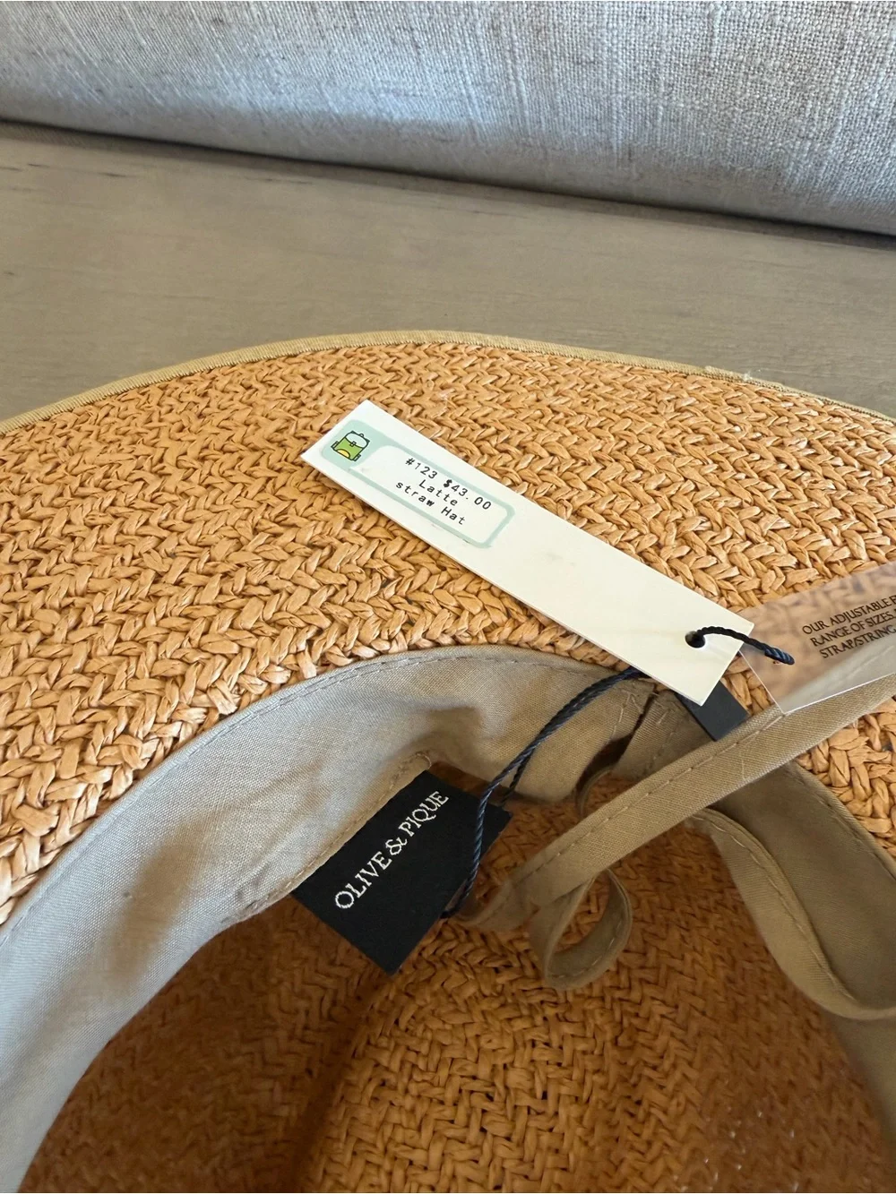 NWT Olive & Pique Straw Sun Hat Neutral Band Wide Brim Beach Vacation Adjustable